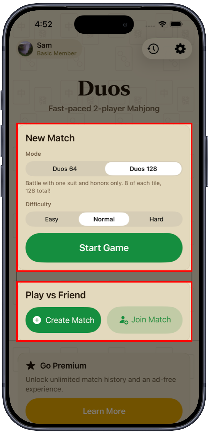 Duos new match screen with AI difficulty choices